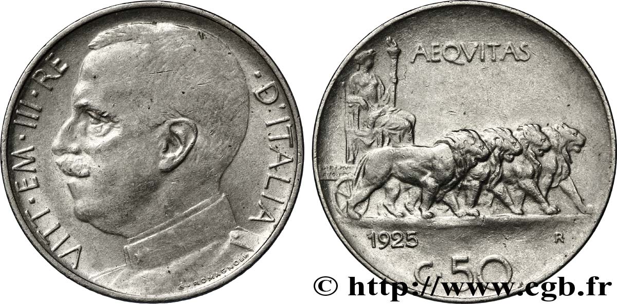 ITALIE 50 Centesimi  Victor Emmanuel III en uniforme / allégorie de l’Italie et 4 lions variété tranche lisse 1925 Rome - R SUP 