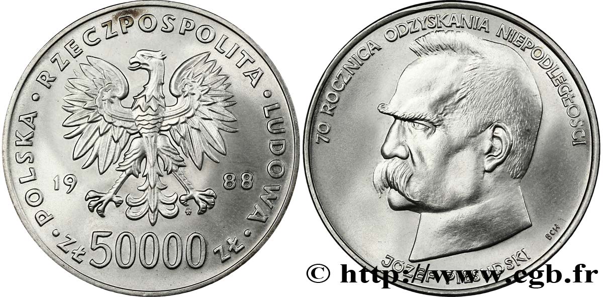 POLOGNE 50.000 Zlotych 70e anniversaire de l’indépendance polonaise : aigle / Maréchal Pilsudski 1988 Varsovie SPL 