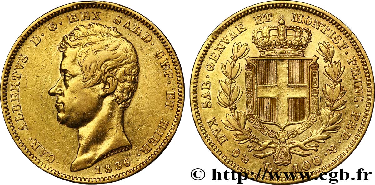 ITALIE - ROYAUME DE SARDAIGNE 100 Lire Charles-Albert roi de Sardaigne / armes de Savoie couronnées 1836 Gênes TTB 