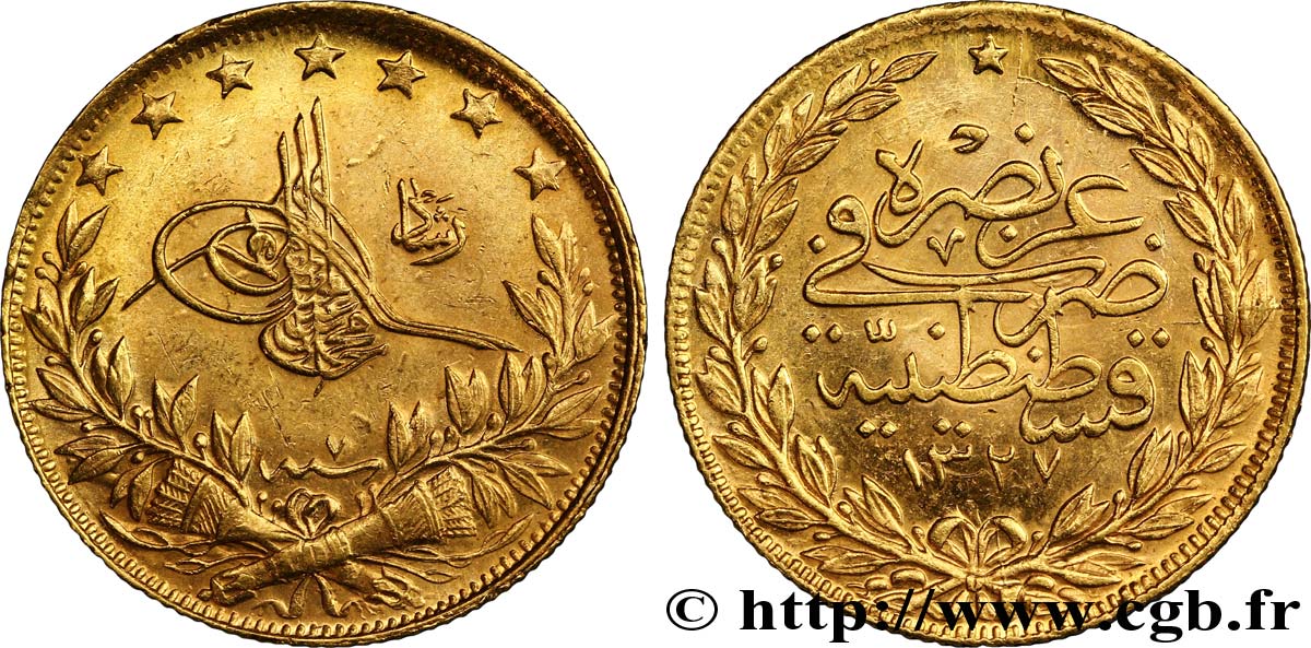 TURQUIE 100 Kurush en or Sultan Mohammed V Resat AH 1327, An 7 1916 Constantinople SUP 