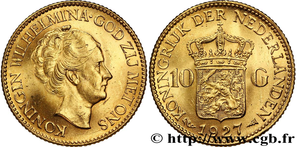 PAYS-BAS 10 Guldens or ou 10 Florins Wilhelmine / écu couronné 1927 Utrecht SUP 