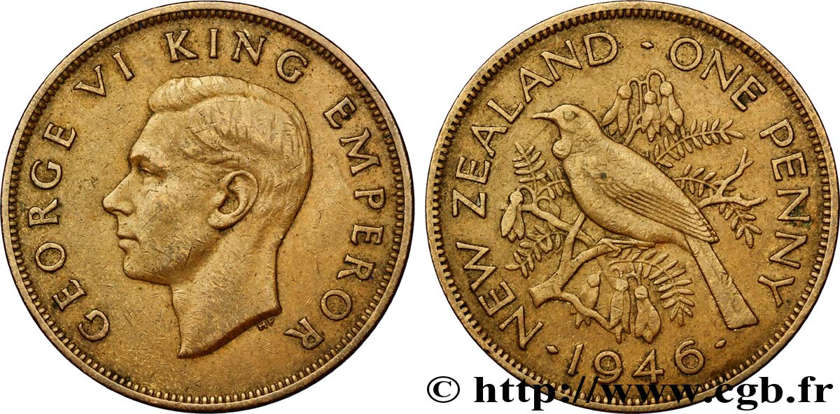 NOUVELLE-ZÉLANDE 1 Penny George VI / oiseau Tui 1946  TTB 