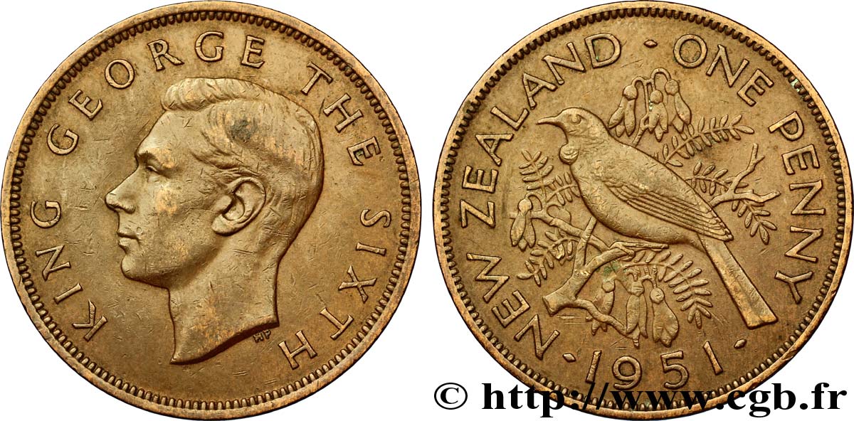 NOUVELLE-ZÉLANDE 1 Penny George VI / oiseau Tui 1951  TTB+ 