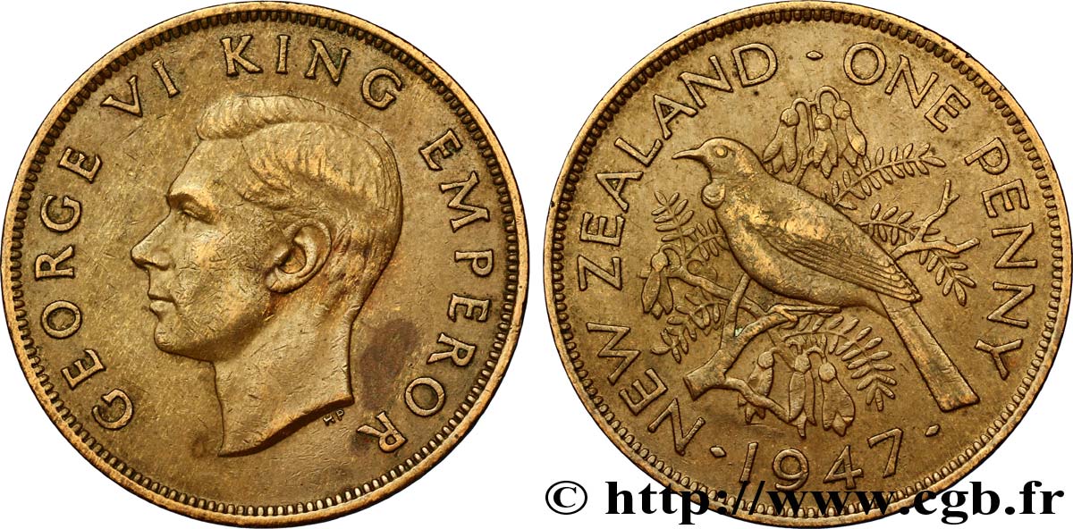 NOUVELLE-ZÉLANDE 1 Penny George VI / oiseau Tui 1947  TTB 