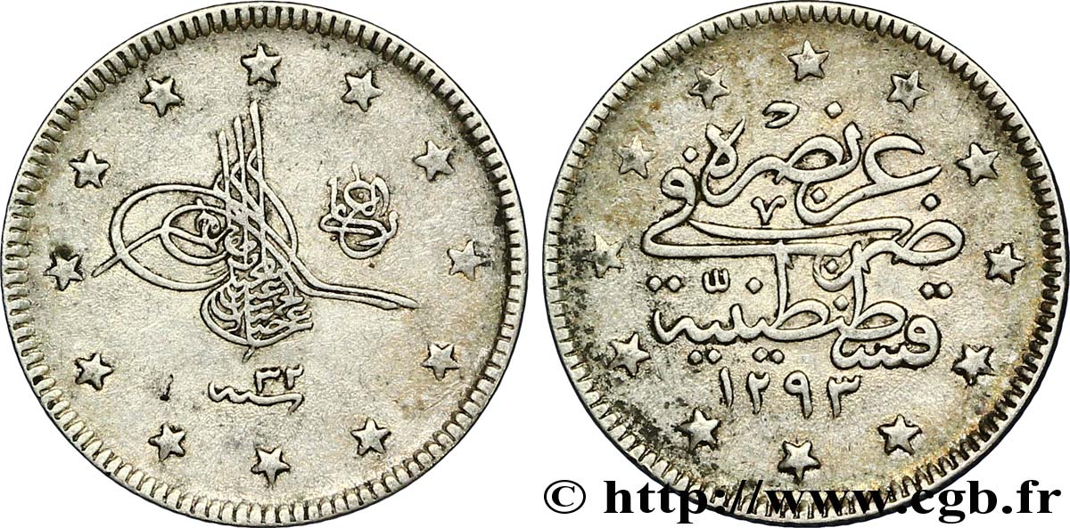TURQUIE 2 Kurush au nom de Abdul Hamid II AH1293 an 32 1906 Constantinople TTB 