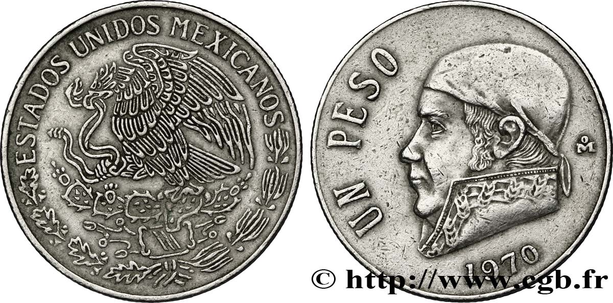 MEXICO 1 Peso Jose Morelos y Pavon / aigle 1970 Mexico XF 