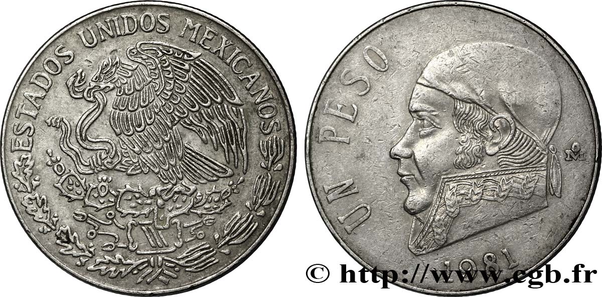 MEXICO 1 Peso Jose Morelos y Pavon / aigle 1981 Mexico XF 