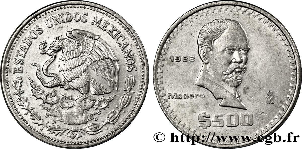 MEXICO 500 Pesos Francisco Madero 1988 Mexico AU 