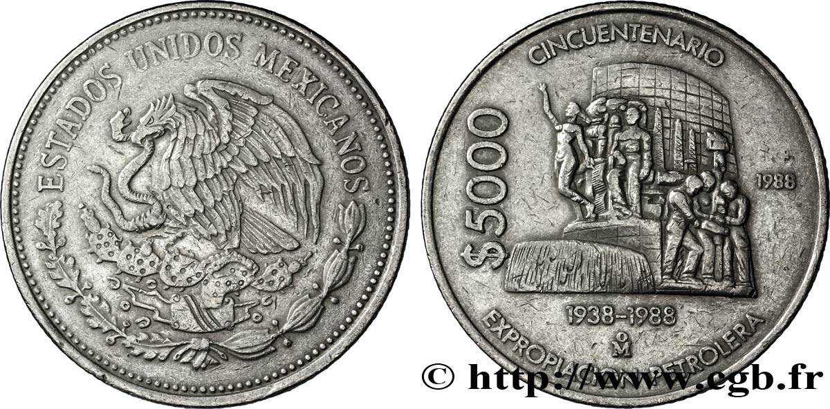 MEXIQUE 5000 Pesos 50e anniversaire de l’expropriation pétrolière 1988 Mexico TTB 