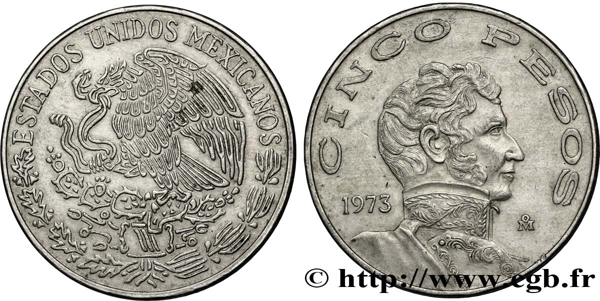 MEXIKO 5 Pesos aigle mexicain / Vicente Guerrero 1973 Mexico VZ 