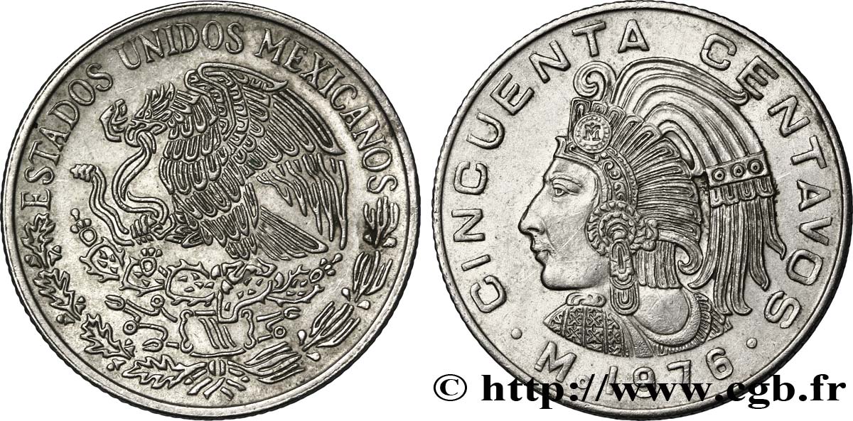 MÉXICO 50 Centavos aigle / roi Cuauhtemoc 1976 Mexico EBC 