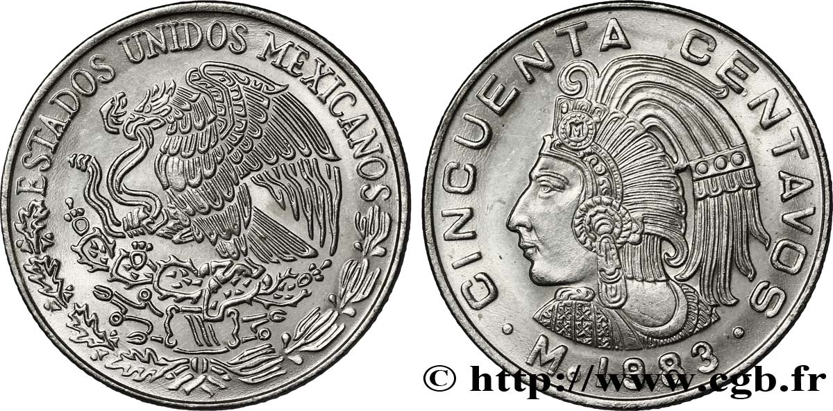 MEXIQUE 50 Centavos aigle / roi Cuauhtemoc, variété date large 1983 Mexico SPL 