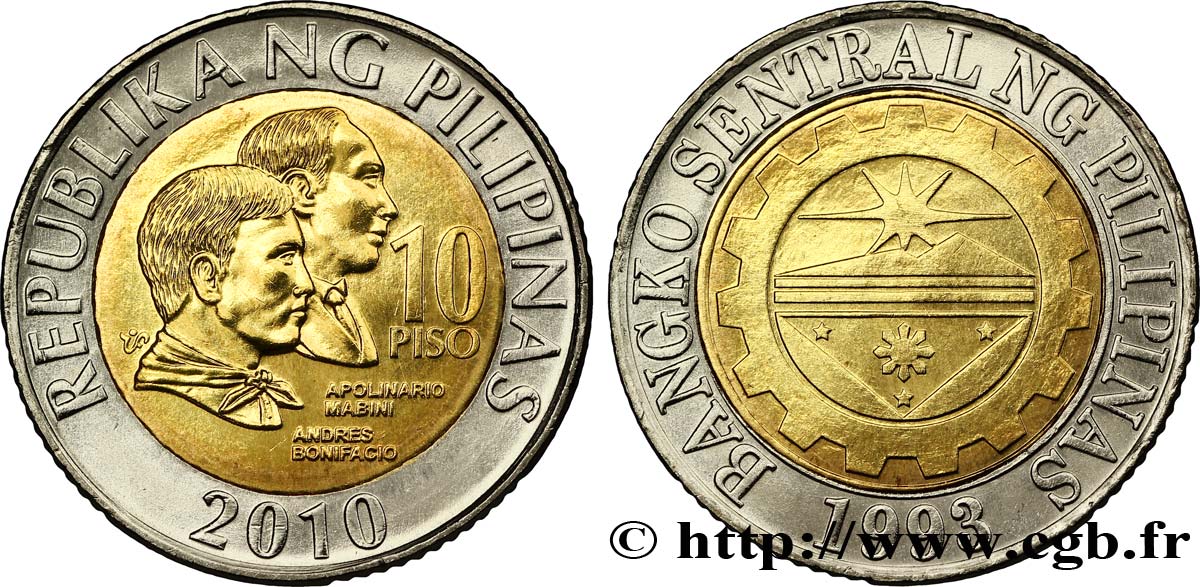 FILIPPINE 10 Pisos Apolinario Marini et Andres Bonifacio / sceau de la Banque Centrale des Philippines 2010  MS 