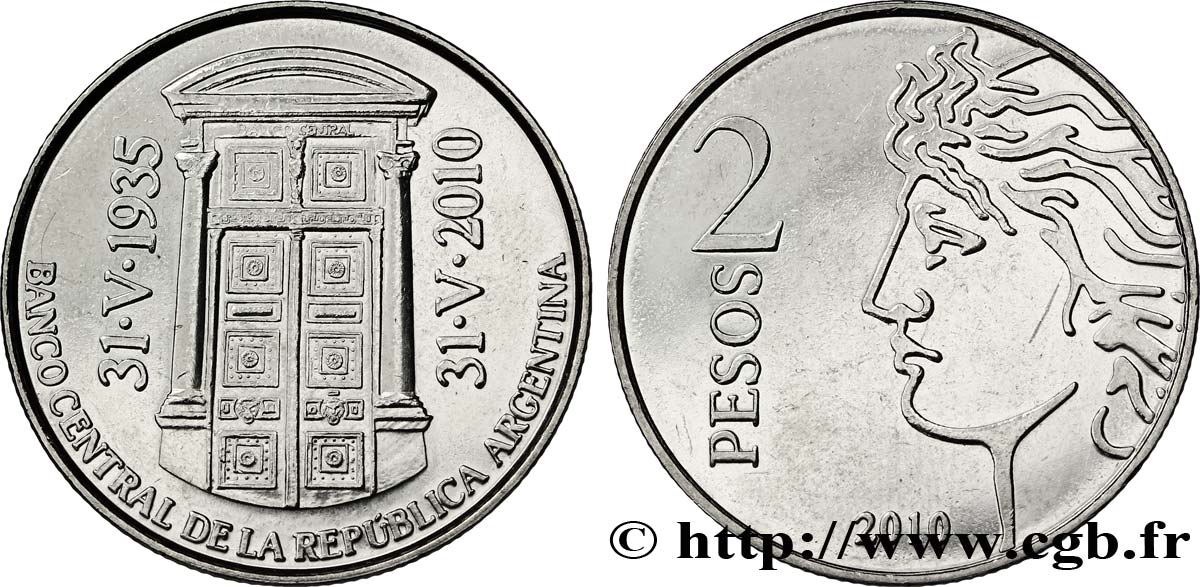 ARGENTINE 2 Pesos 75e anniversaire de la banque centrale 2010  SPL 