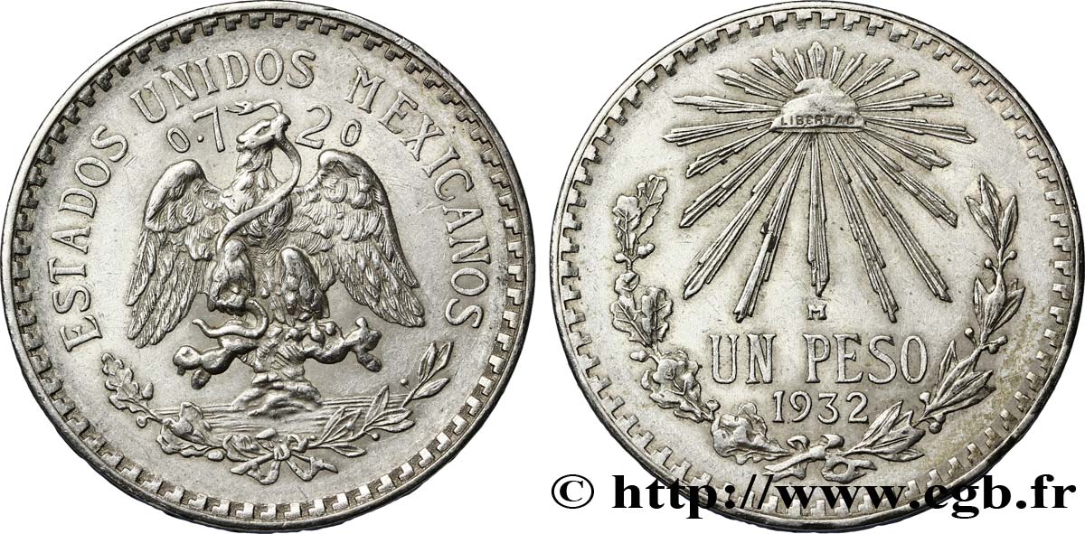 MEXIQUE 1 Peso aigle / bonnet phrygien et rayons 1932 Mexico TTB+ 