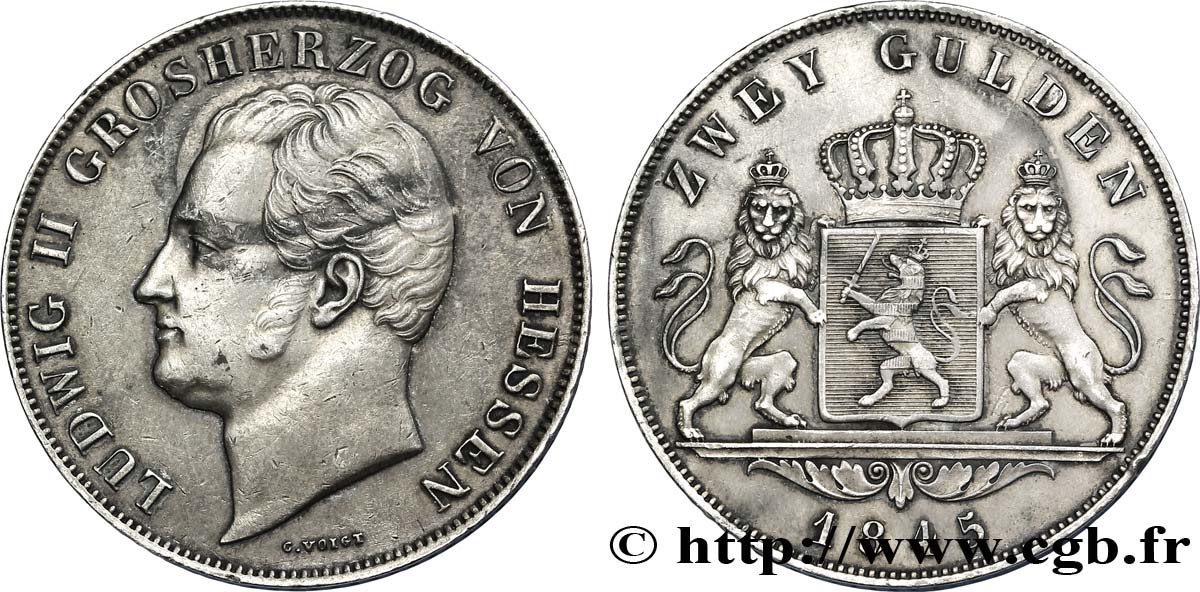 ALLEMAGNE - HESSE 2 Gulden Louis II de Hesse-Darmstadt / écu couronné encadré par deux lions 1845  TTB 