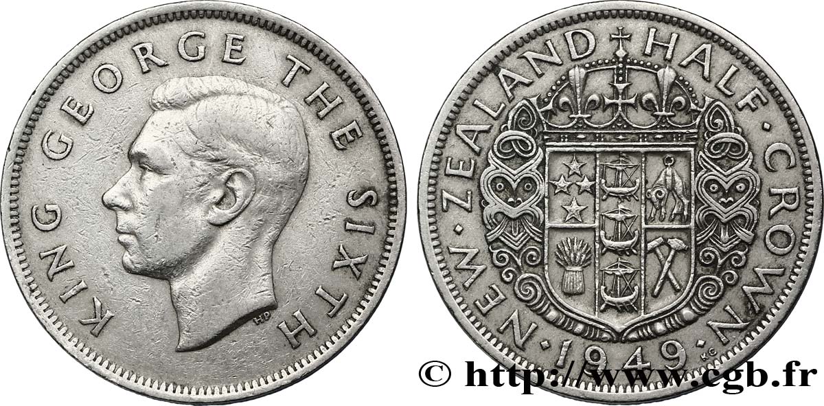 NOUVELLE-ZÉLANDE 1/2 Crown Georges VI / armes couronnée 1949  TTB 