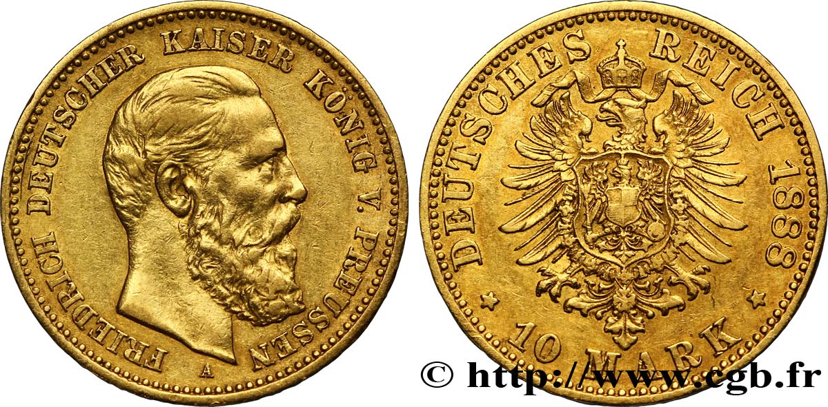 ALLEMAGNE - PRUSSE 10 Mark or Frédéric III de Prusse / aigle impérial 1888 Berlin TTB+ 