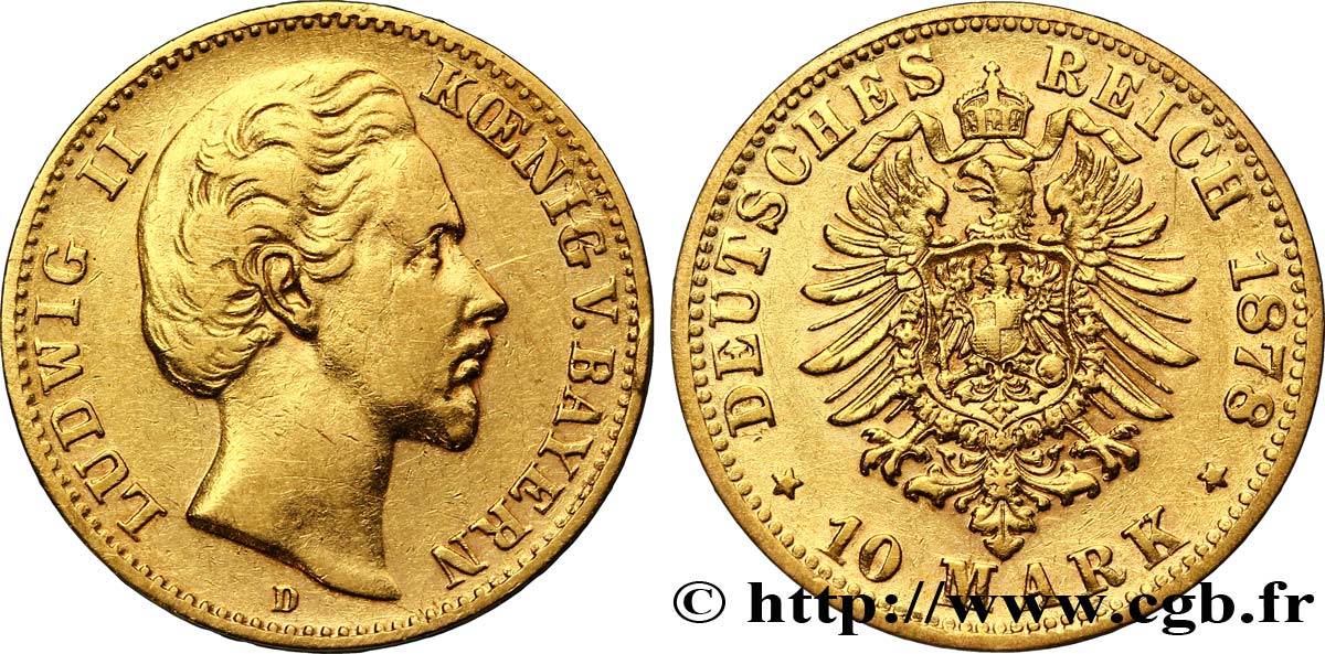 ALLEMAGNE - BAVIÈRE 10 Mark Louis II de Bavière 1878 Münich TTB 