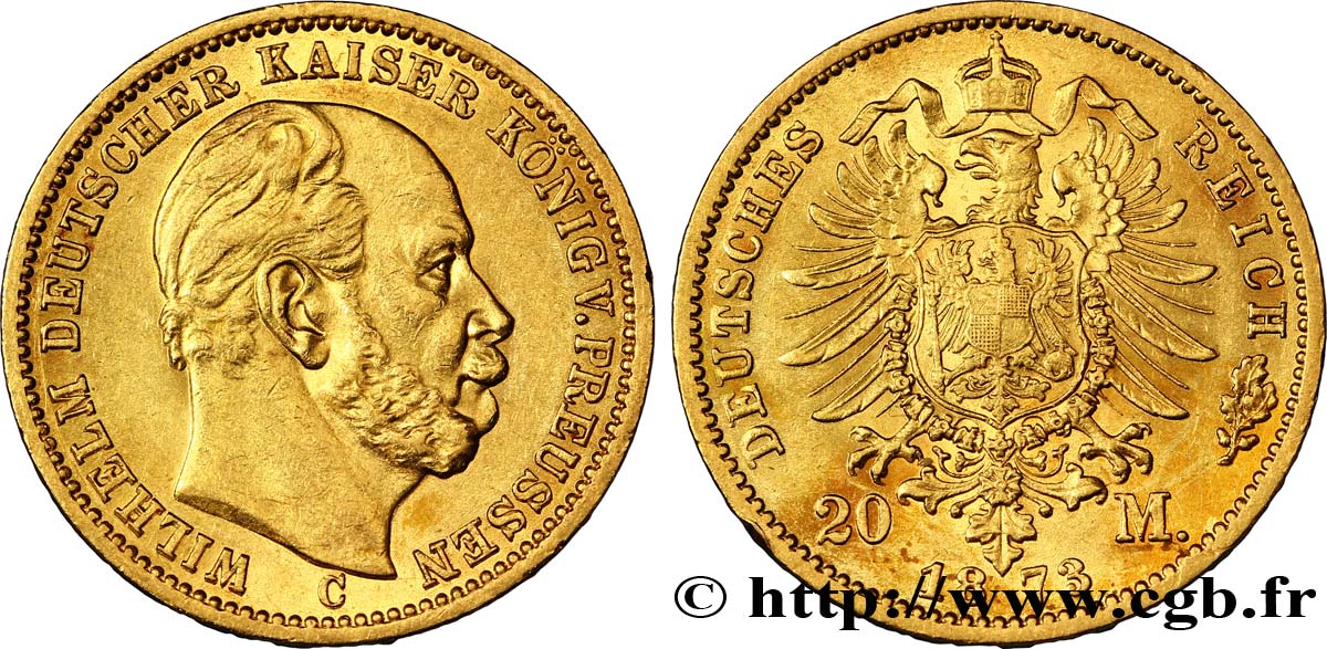 ALLEMAGNE - PRUSSE 20 Mark royaume de Prusse Guillaume Ier, 1e type / aigle héraldique 1873 Francfort - C SUP 