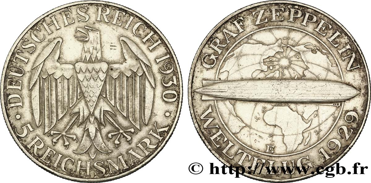 ALLEMAGNE 5 Reichsmark aigle / Zeppelin 1929 Muldenhütten - E SUP 