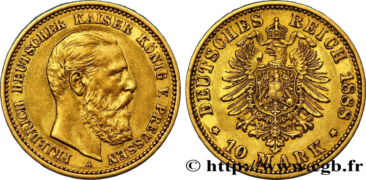 ALLEMAGNE - PRUSSE 10 Mark or Frédéric III de Prusse / aigle impérial 1888 Berlin TTB+ 