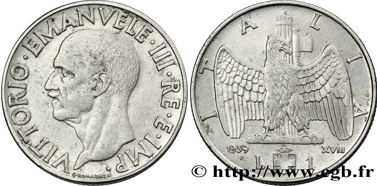 ITALIE 1 Lire Victor-Emmanuel III an XVIII / aigle et faisceau 1939 Rome - R TTB 