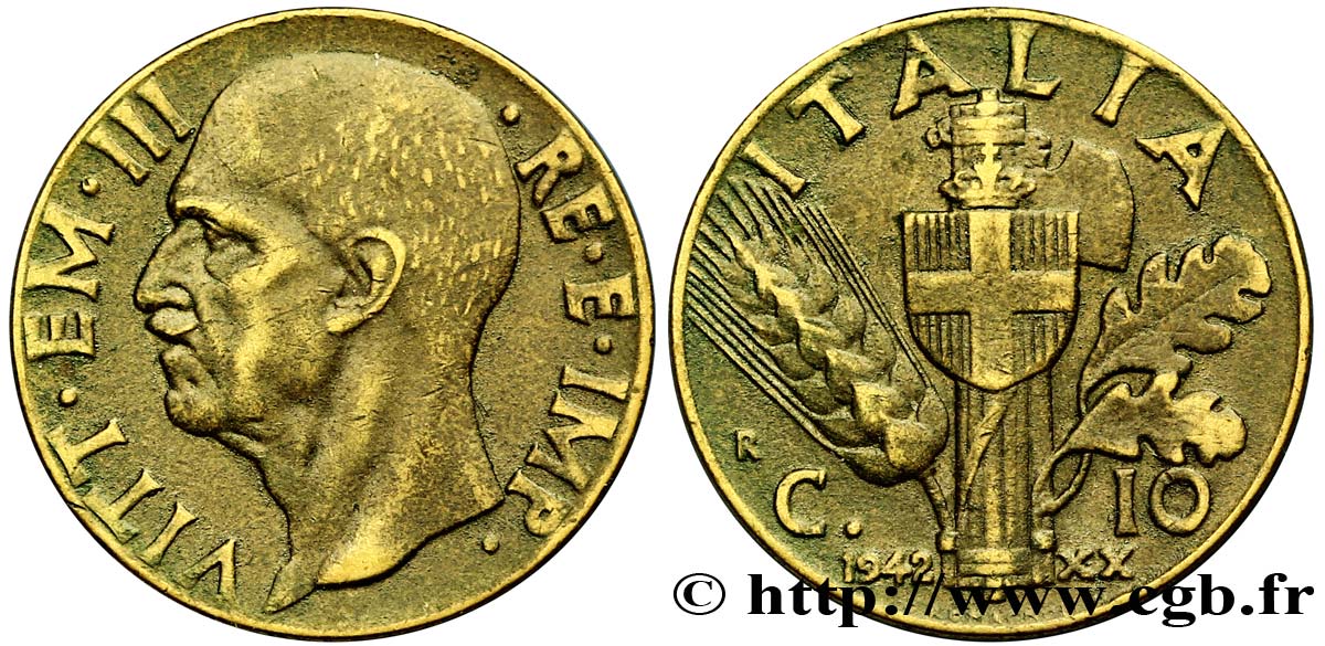 ITALIE 10 Centesimi Victor-Emmanuel III an XX 1942 Rome - R TTB 