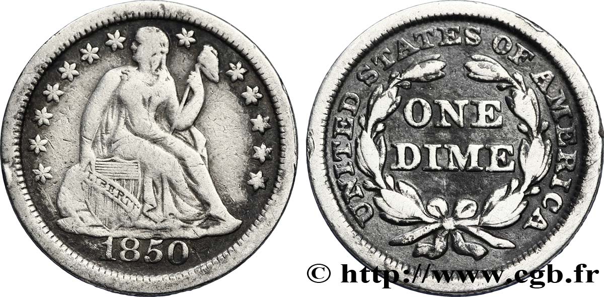 ÉTATS-UNIS D AMÉRIQUE 1 Dime (10 Cents) Liberté assise 1850 Philadelphie TB 