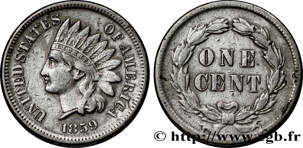 ÉTATS-UNIS D AMÉRIQUE 1 Cent tête d’indien type sans écu 1859 Philadelphie TTB 
