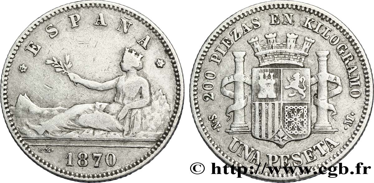 ESPAGNE 1 Peseta “ESPAÑA” allongée / emblème (1870) 1870 Madrid TB+ 