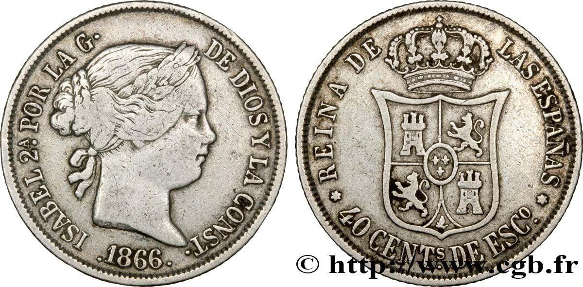 ESPAÑA 40 Centimos Isabelle II 1866 Madrid BC+ 