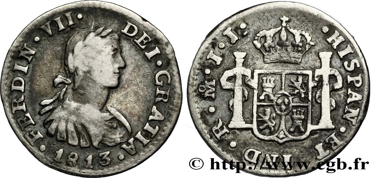 MEXIQUE 1/2 Real Ferdinand VII / emblème JJ 1813 Mexico TB+ 