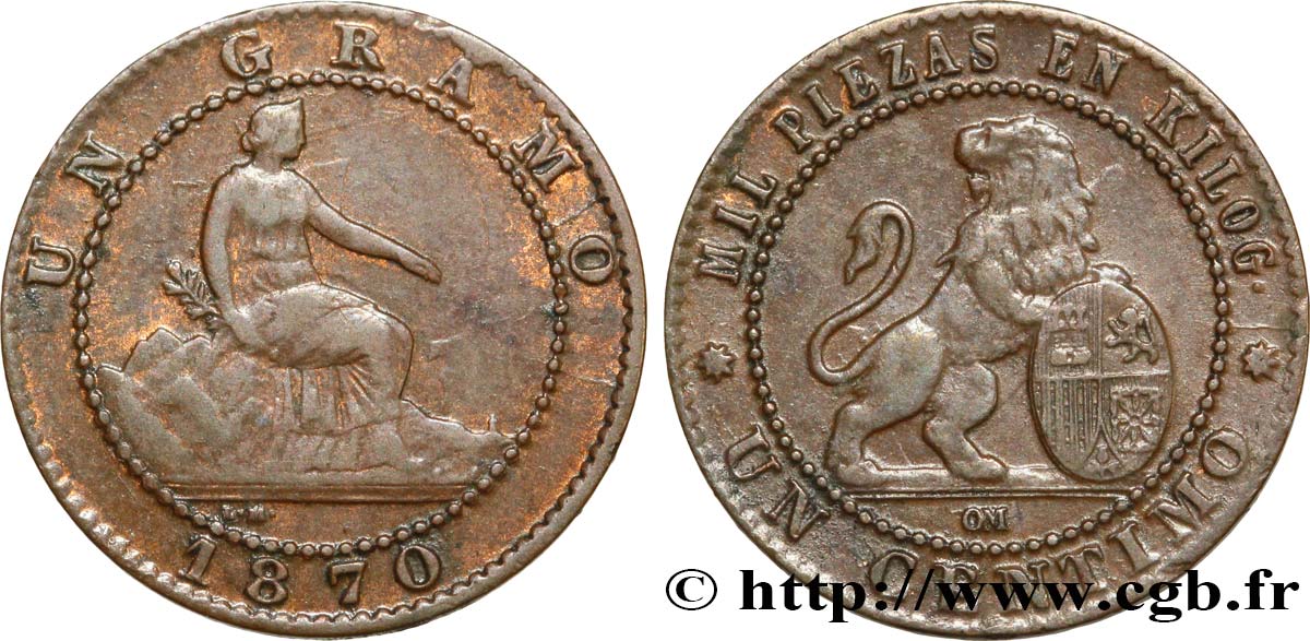 SPAIN 1 Centimo monnayage provisoire liberté assise / lion tenant un bouclier 1870 Oeschger Mesdach & CO AU 