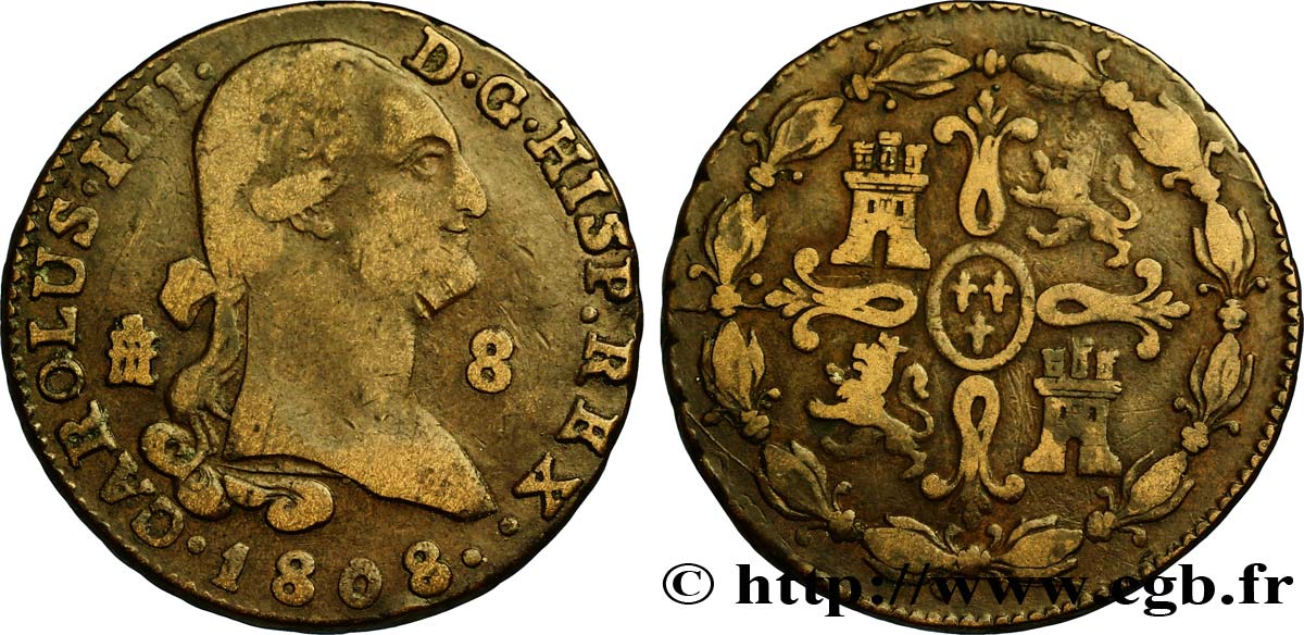 ESPAGNE 8 Maravedis Charles IIII 1808 Ségovie TB 