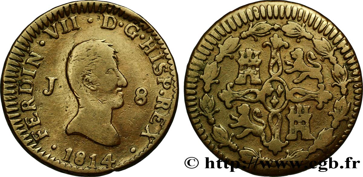 ESPAGNE 8 Maravedis Ferdinand VII 1814 Jubia TB+ 
