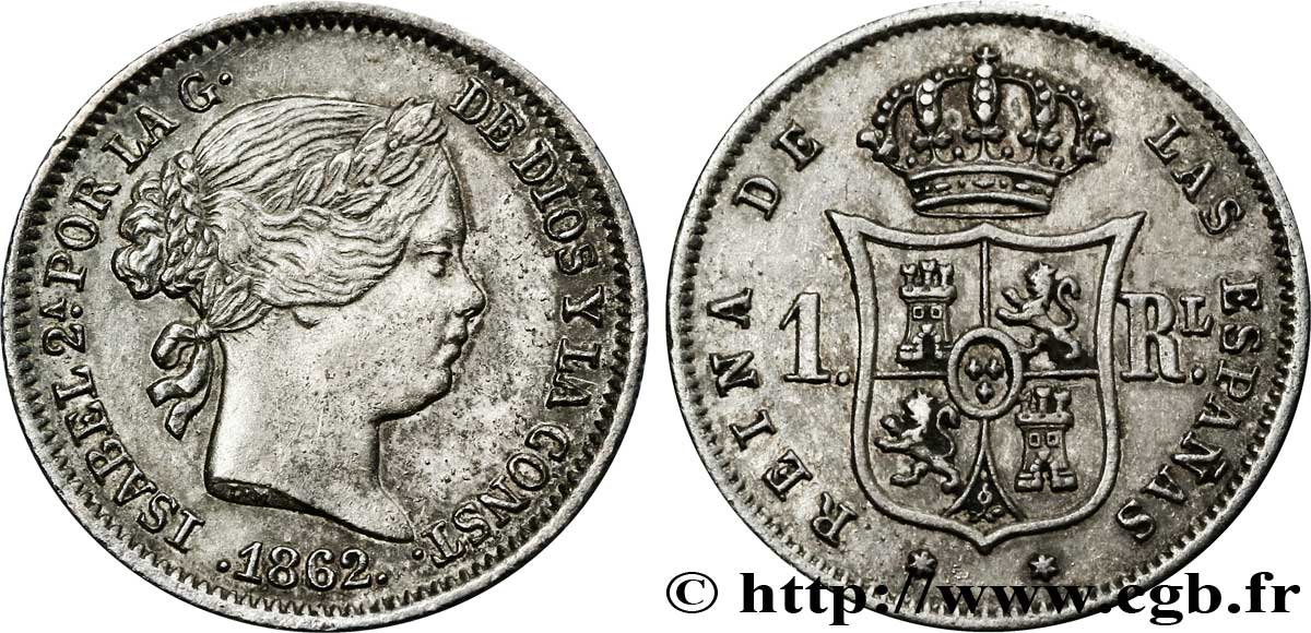 SPAIN 1 Real Isabelle II / écu couronné 1862 Madrid AU 