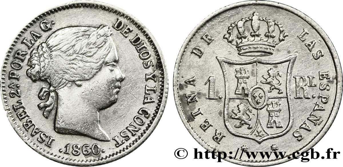 ESPAGNE 1 Real Isabelle II / écu couronné 1860 Séville TTB 