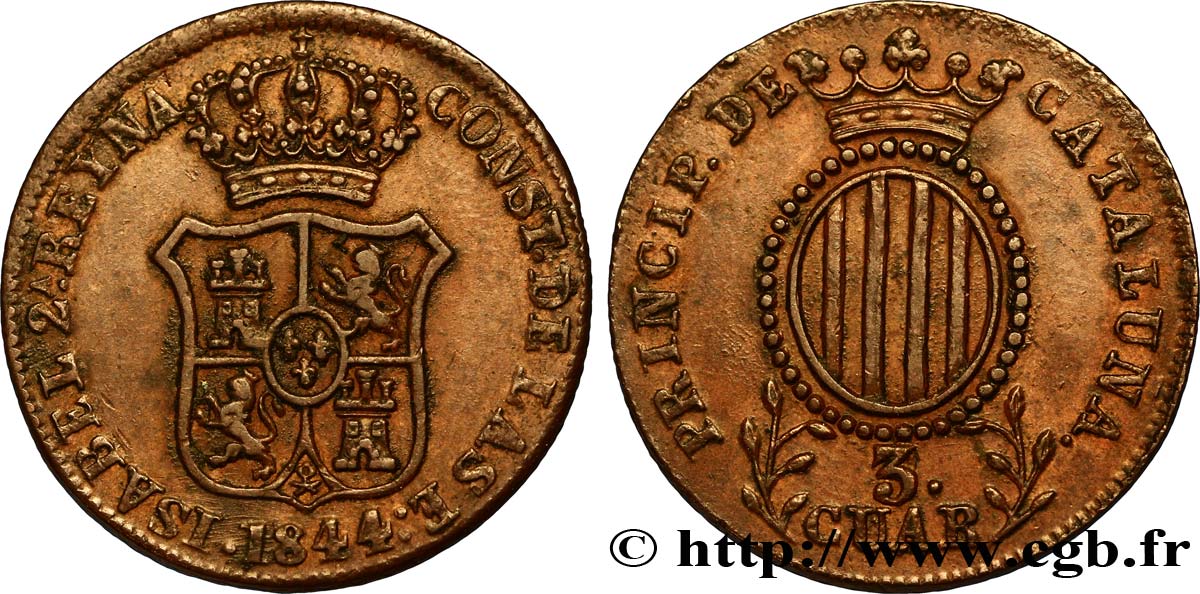 ESPAGNE - CATALOGNE 3 Quartos frappe au nom d’Isabelle II / écu de Catalogne 1844 Catalogne TTB 