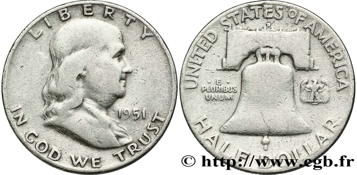 ÉTATS-UNIS D AMÉRIQUE 1/2 Dollar Benjamin Franklin 1951 Philadelphie TB+ 