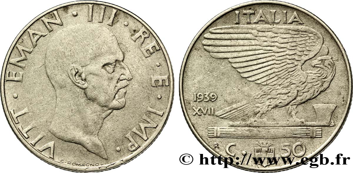 ITALIE 50 Centesimi  Victor Emmanuel III an XVII / aigle sur faisceau 1939 Rome - R TTB 