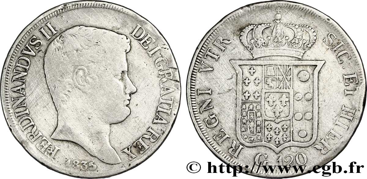 ITALIE - ROYAUME DES DEUX-SICILES 120 Grana Ferdinand II, roi de Naples et Sicile 1835 Naples TB 