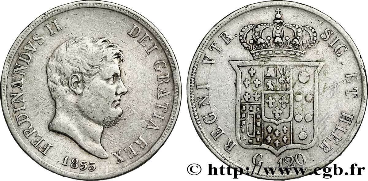 ITALIE - ROYAUME DES DEUX-SICILES 120 Grana Royaume des Deux-Siciles, Ferdinand II / écu couronné 1855 Naples TTB 