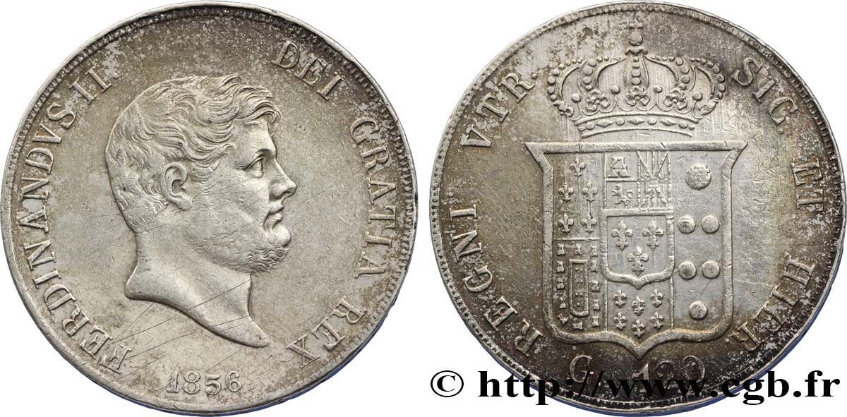 ITALIE - ROYAUME DES DEUX-SICILES 120 Grana Ferdinand II Petite tête 1856 Naples TTB 