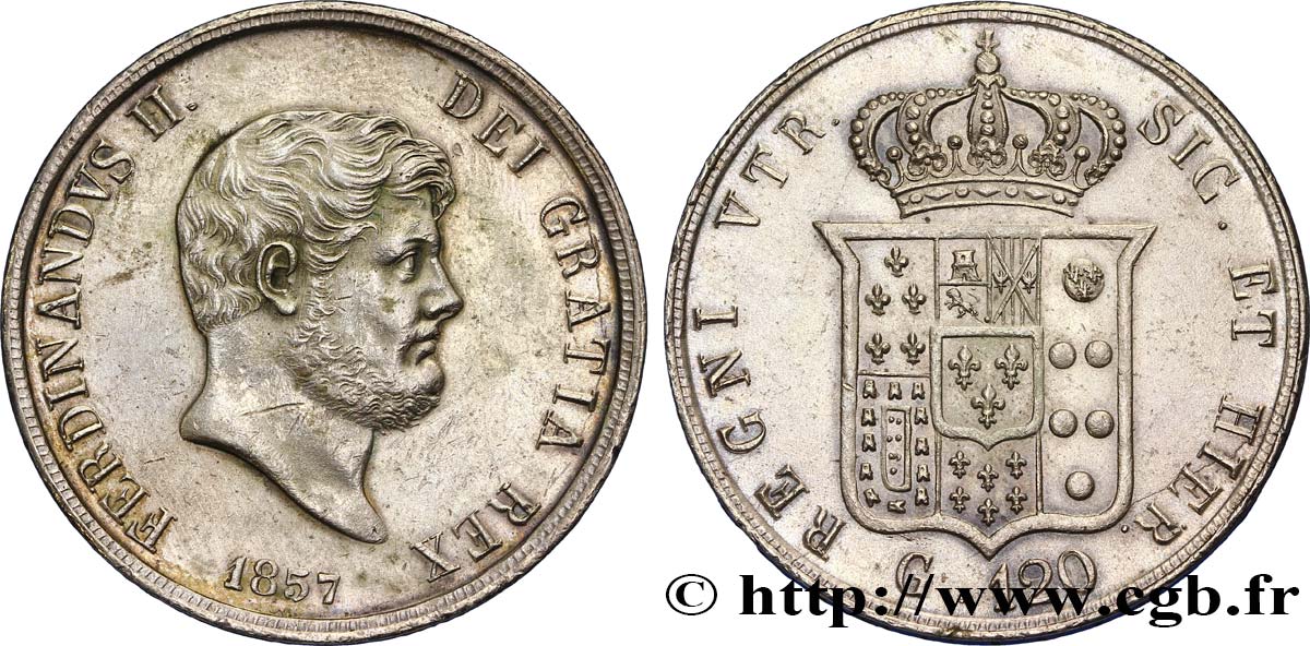 ITALIE - ROYAUME DES DEUX-SICILES 120 Grana Ferdinand II Petite tête 1857 Naples SUP 