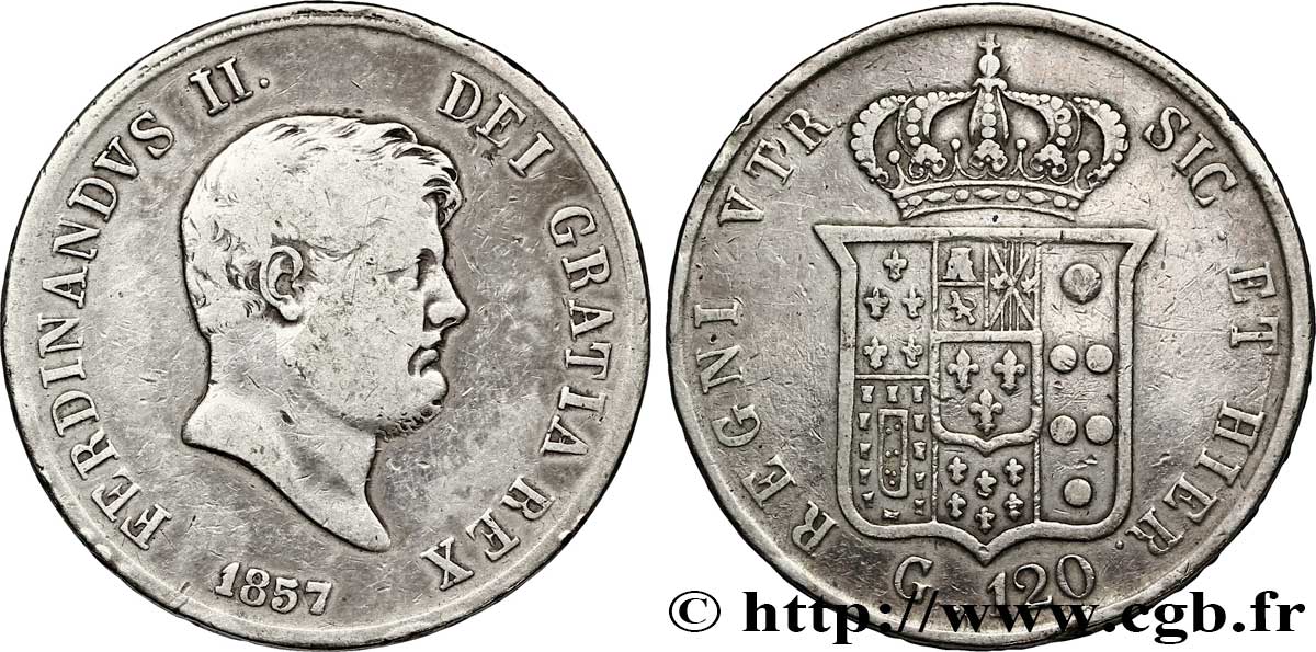 ITALIE - ROYAUME DES DEUX-SICILES 120 Grana Ferdinand II, roi de Naples et Sicile 1857 Naples TB 