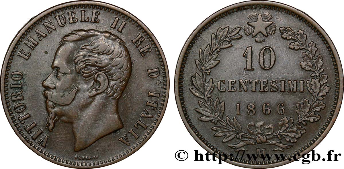 ITALY 10 Centesimi Royaume d’Italie Victor Emmanuel II 1866 Milan - M XF 