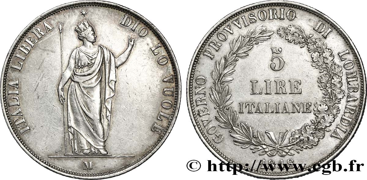 ITALY - LOMBARDY 5 Lire Gouvernement provisoire de Lombardie 1848 Milan AU 