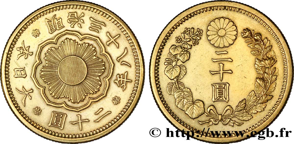JAPON 20 Yen or an 38 ère Meiji 1905  TTB 