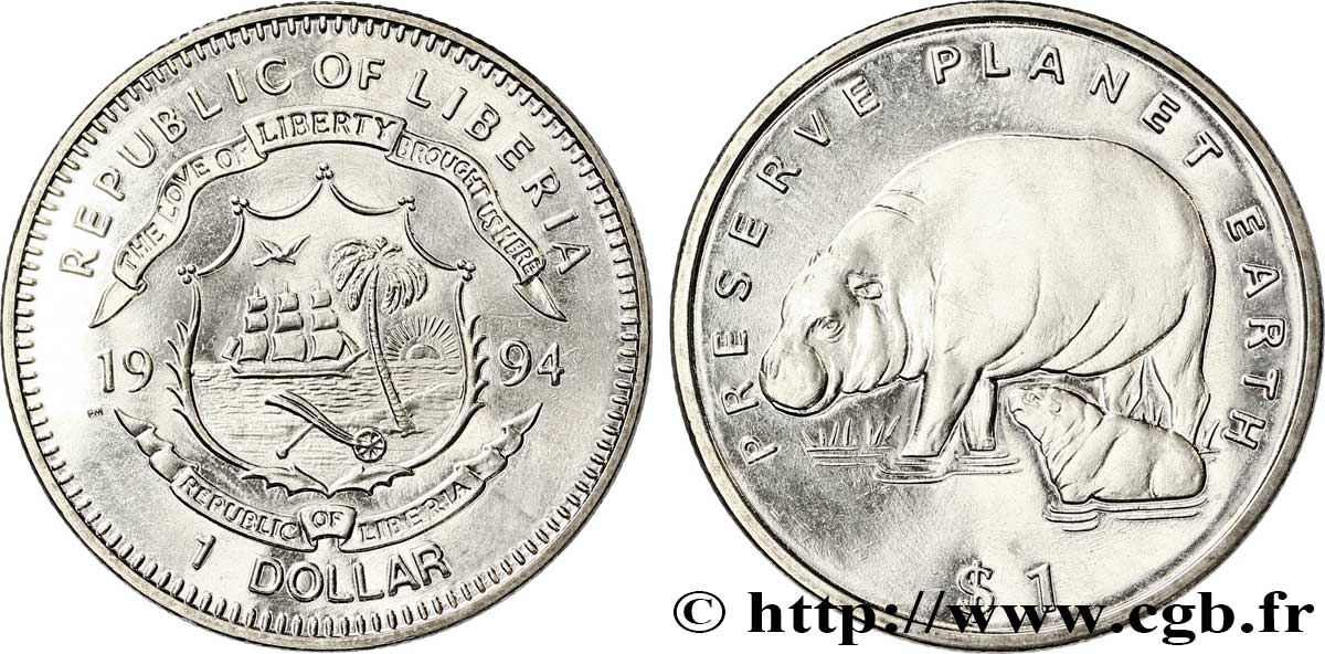 LIBERIA 1 Dollar armes / hippopotames pigmées 1994  SPL 